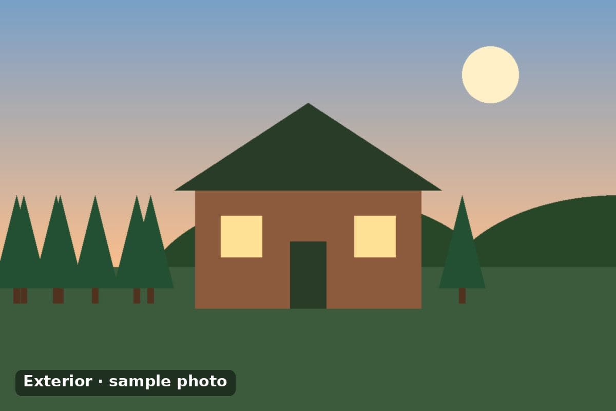 Cabin exterior at sunset